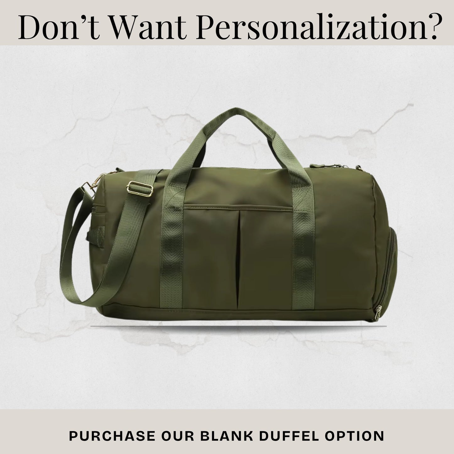 Graphic offering the olive green weekender duffel in a blank option