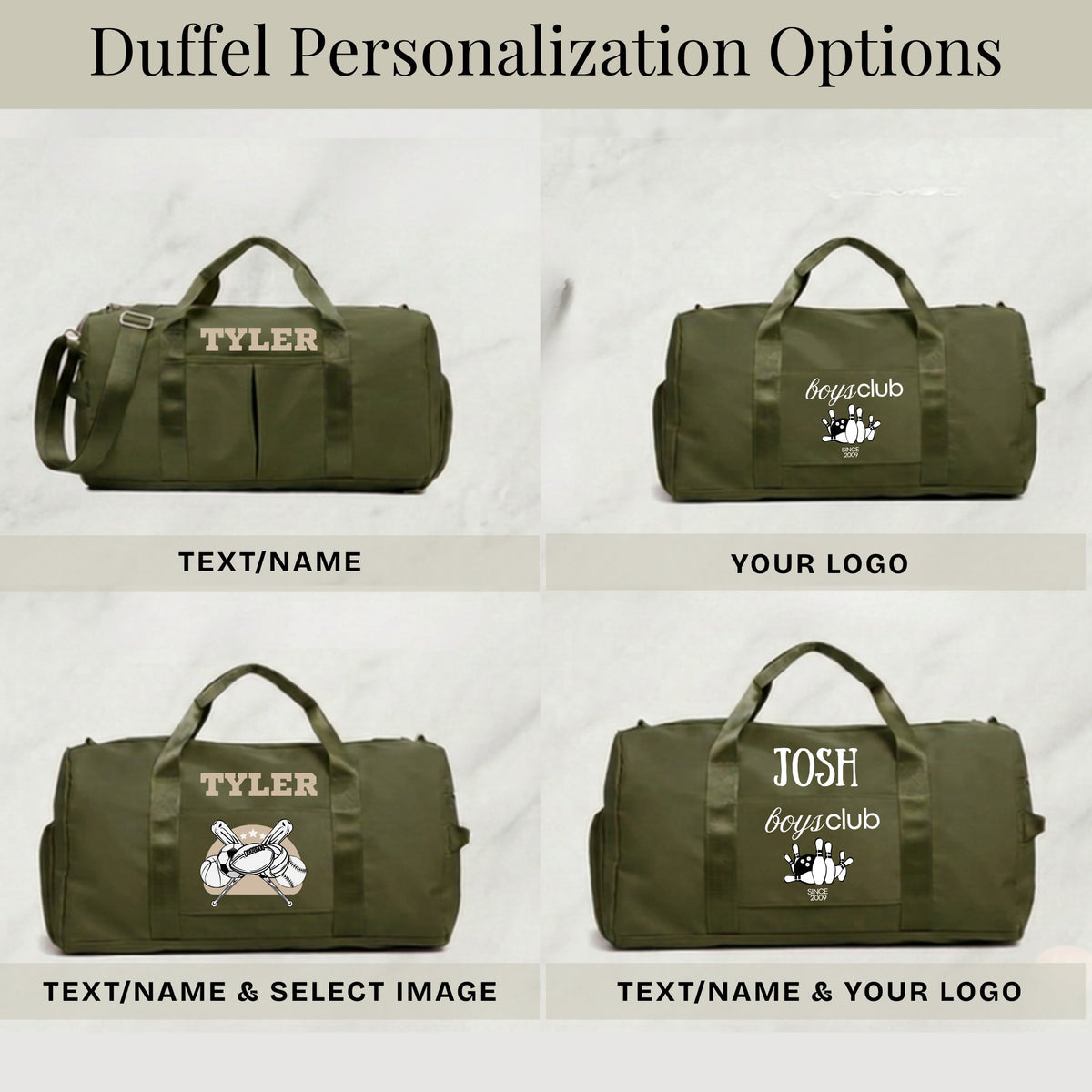 Green duffel bags with personalized text and logos on a light gray background