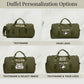 Green duffel bags with personalized text and logos on a light gray background