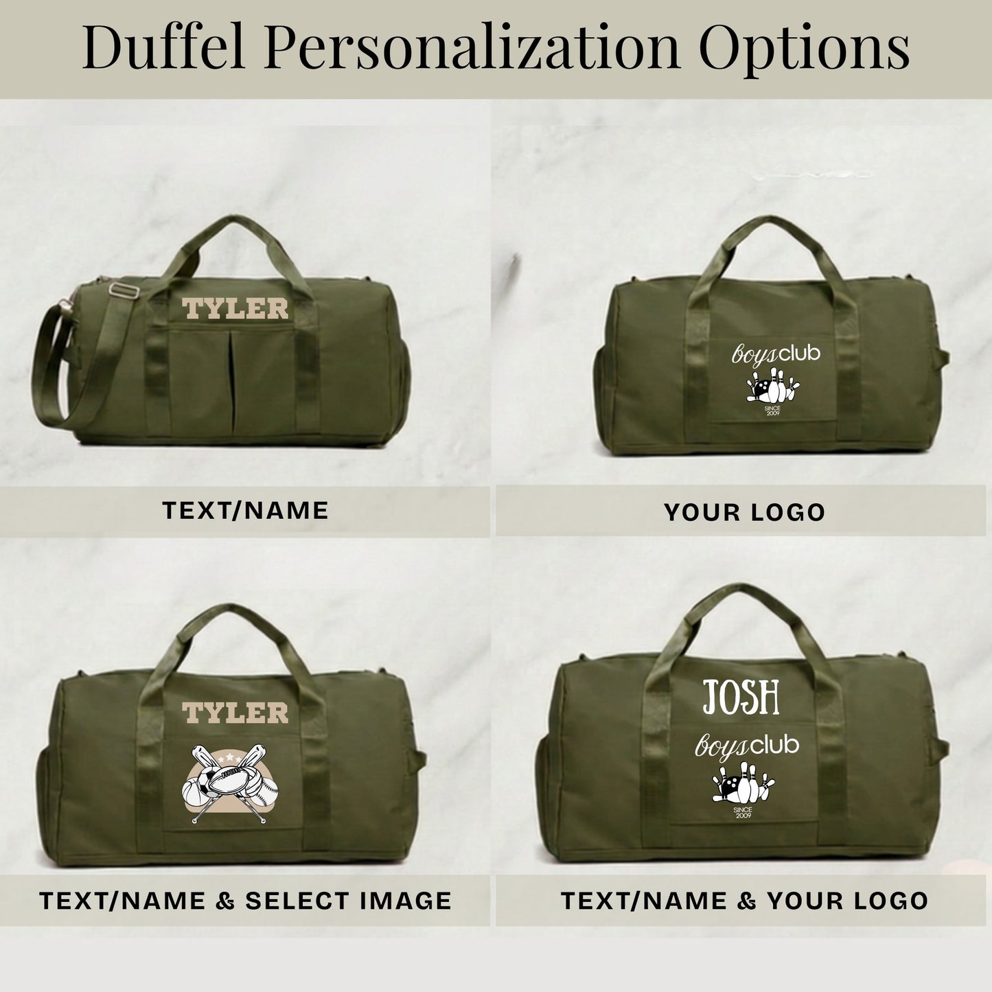 Green duffel bags with personalized text and logos on a light gray background