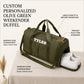 Chart labeling the olive duffel bag parts including the shoe compartment