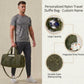 Man holding a green travel duffel bag with product features highlighted on the right.