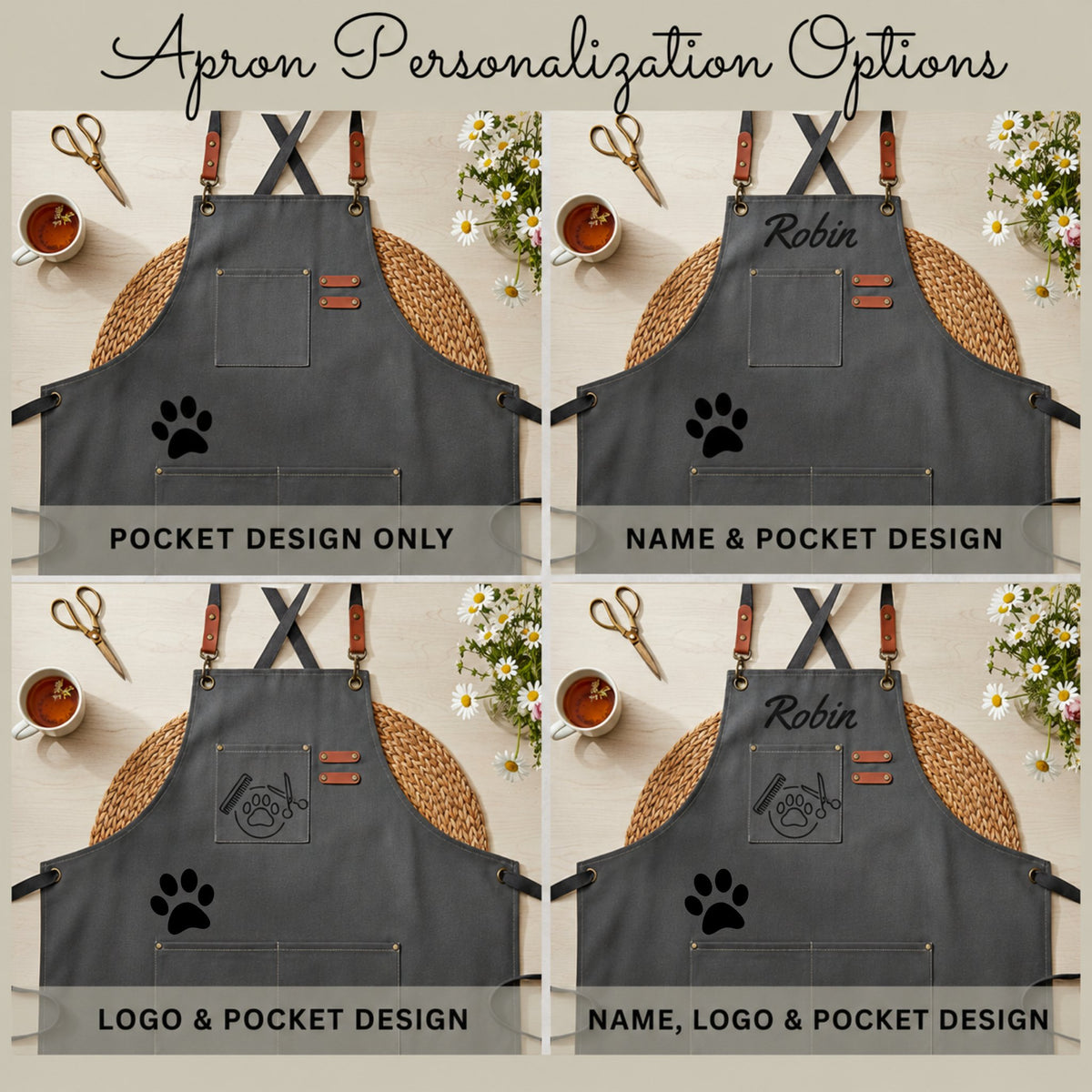 Dog groomer apron with paw pocket design for mobile pet grooming