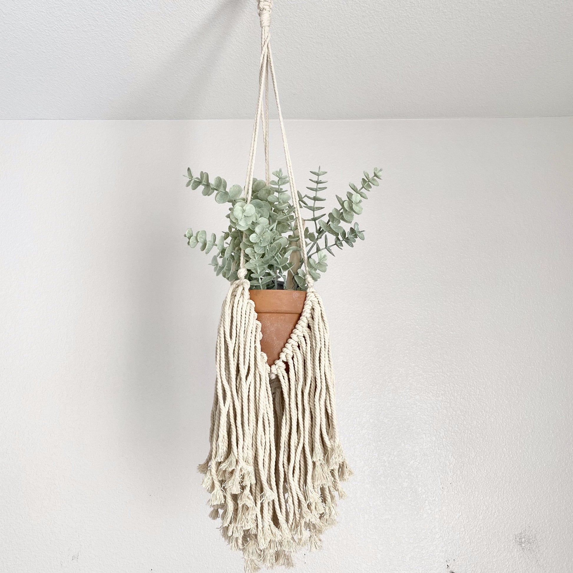 Hanging macrame planter with natural fibers and tassel