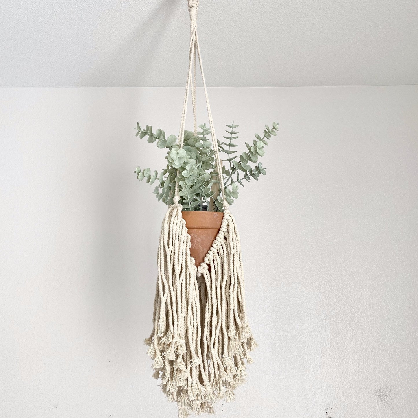 Hanging macrame planter with natural fibers and tassel