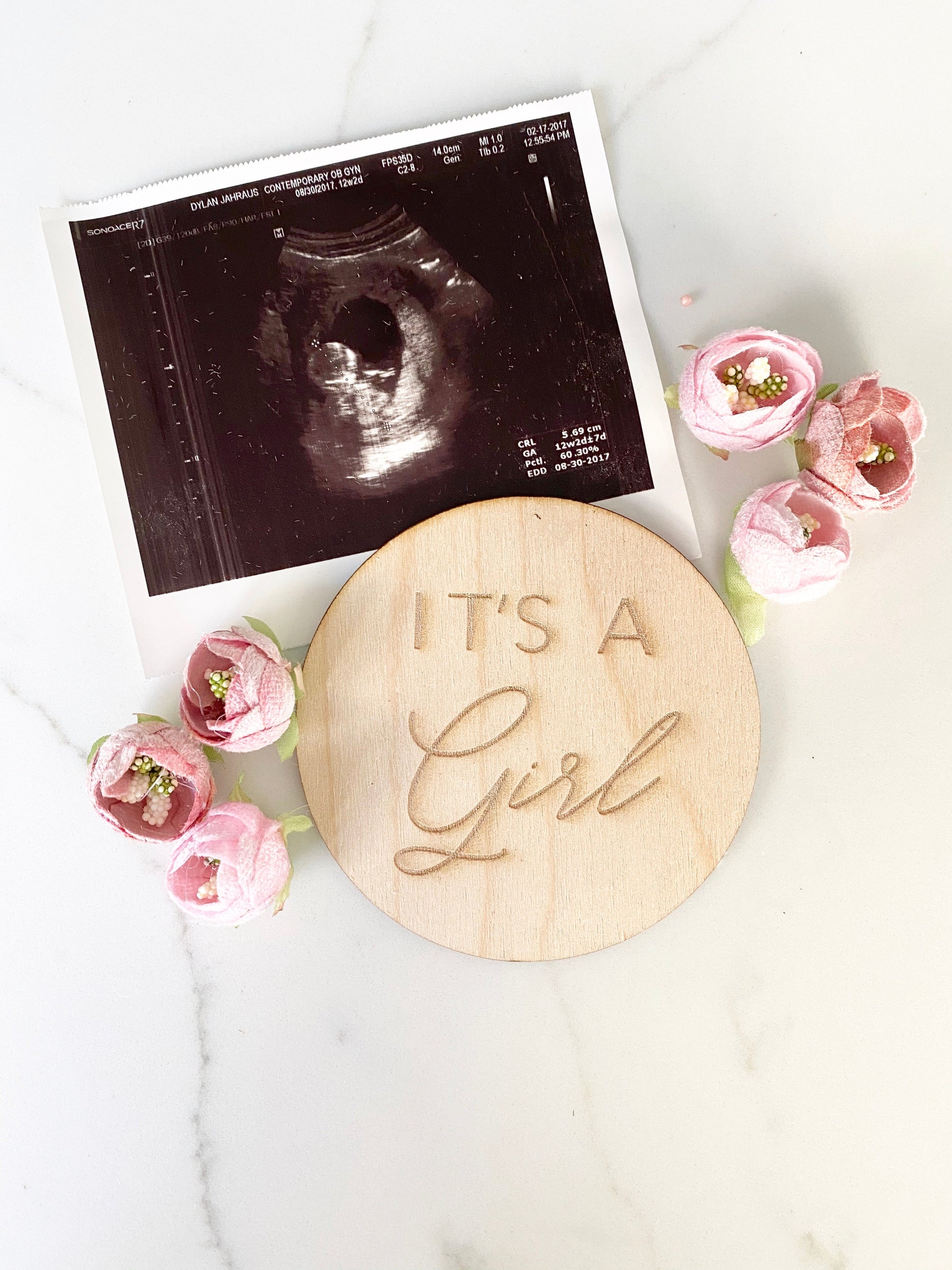 Gender reveal photo prop wooden sign for pregnancy announcement