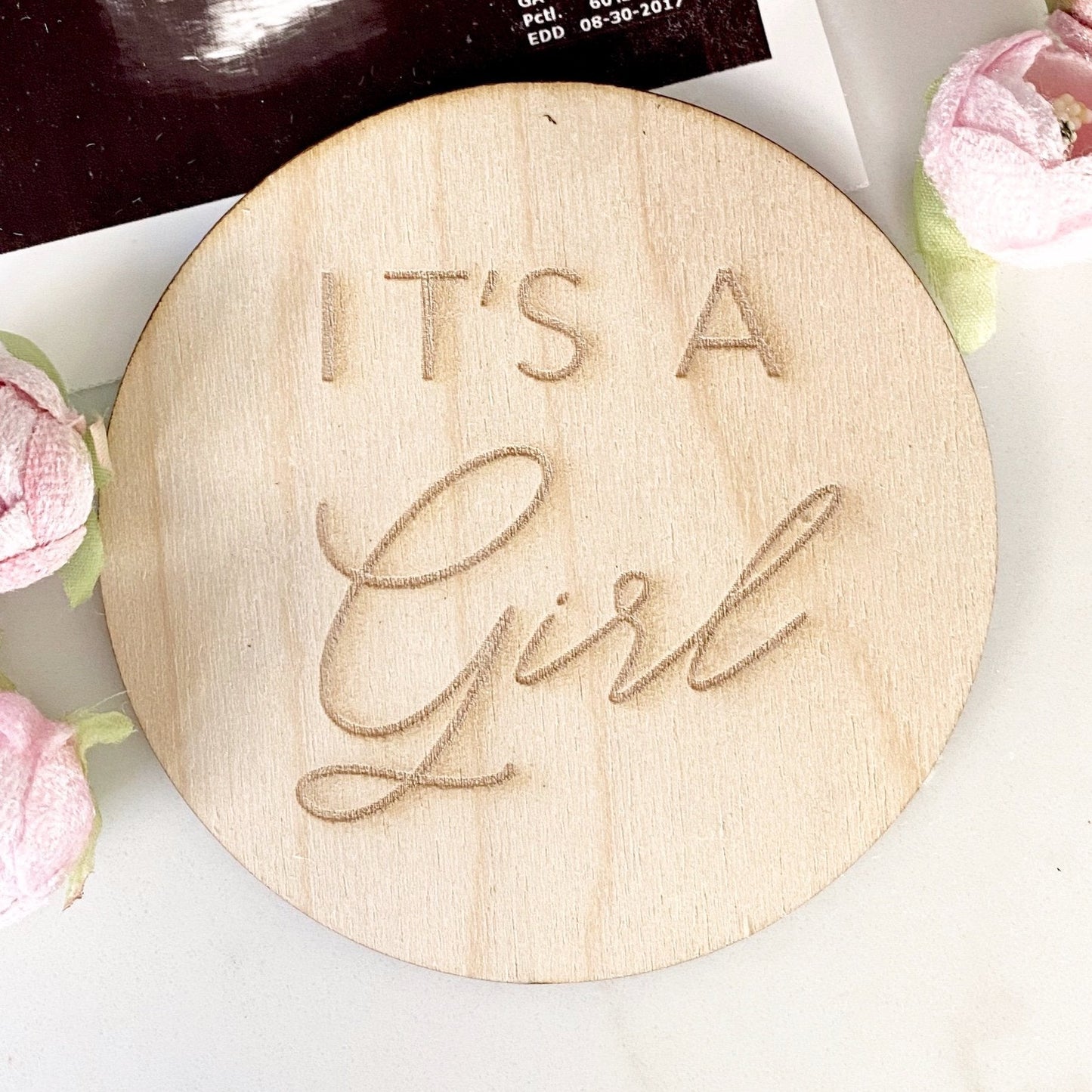 Birch wood gender announcement sign for pregnancy reveal photos
