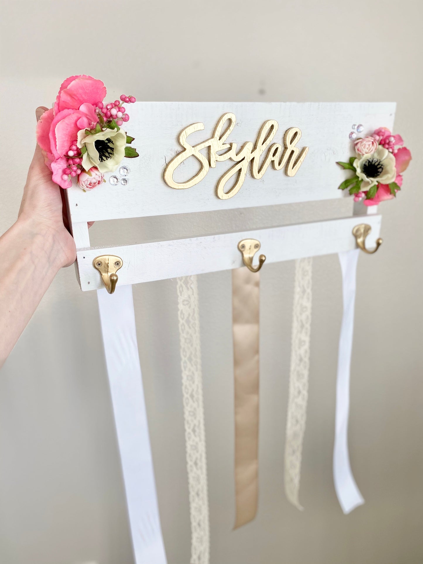 Custom bow holder with name sign and painted metal hooks