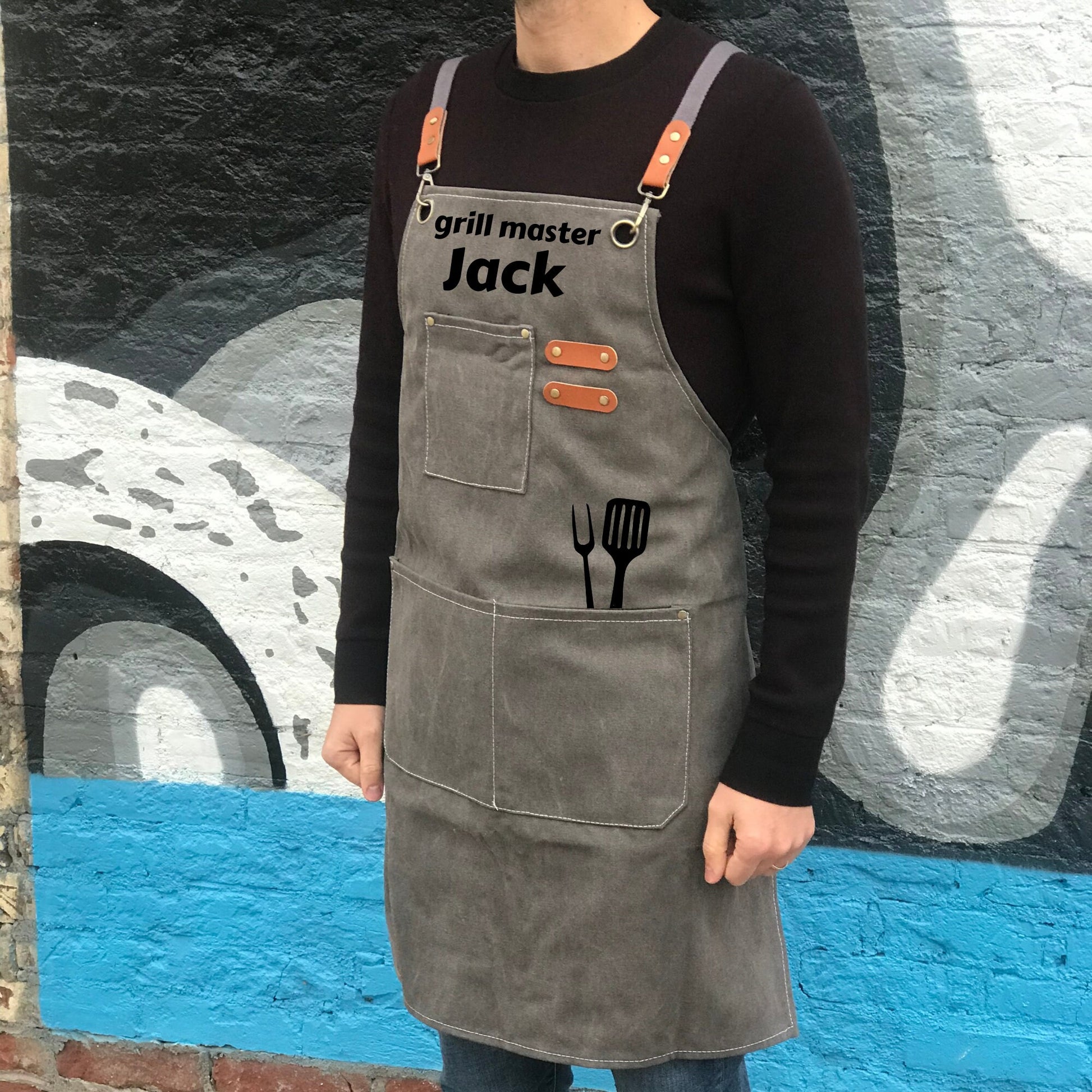 Personalized BBQ grill apron name detail for pitmaster cookout