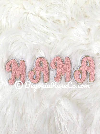 MAMA chenille patches hot pink sequin sew on mama shirt patch