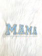 Chenille letter patches in pink on white textured background