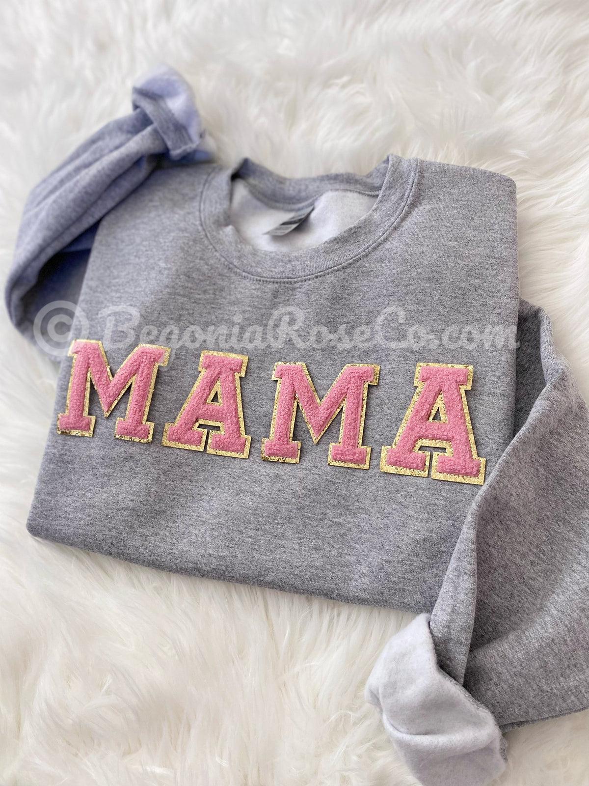 Chenille MAMA Patch Sweatshirt sweatshirt color options white grey sand black