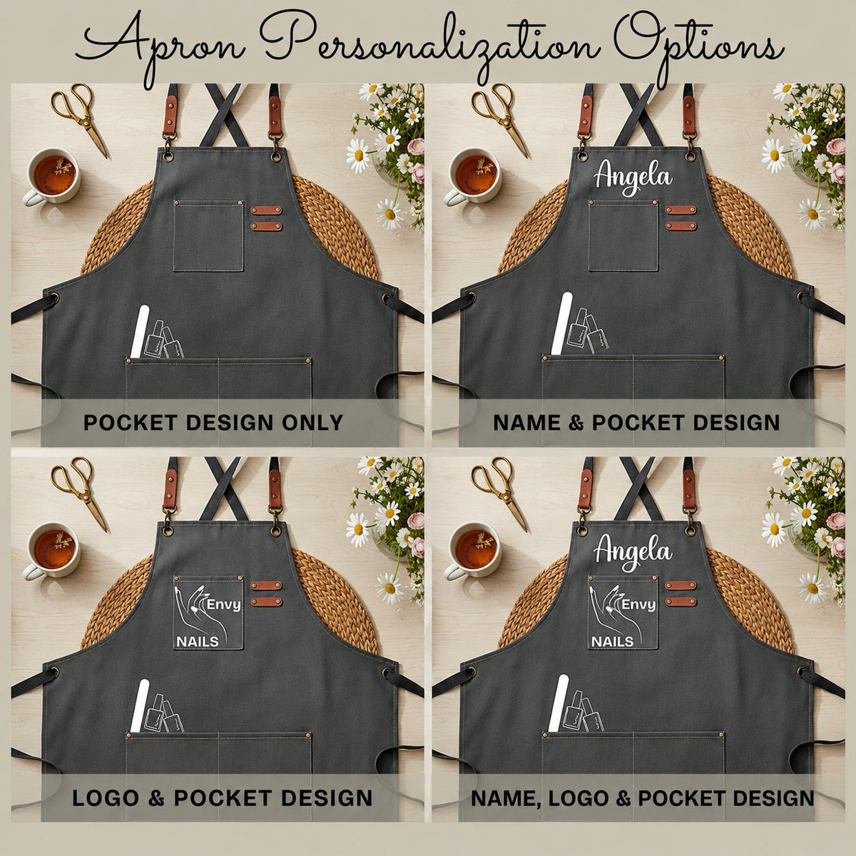 Apron personalization options showing four design layouts with pockets and customization choices