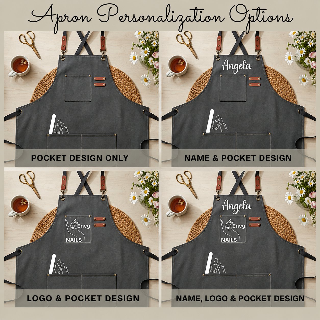 Apron personalization options showing four design layouts with pockets and customization choices