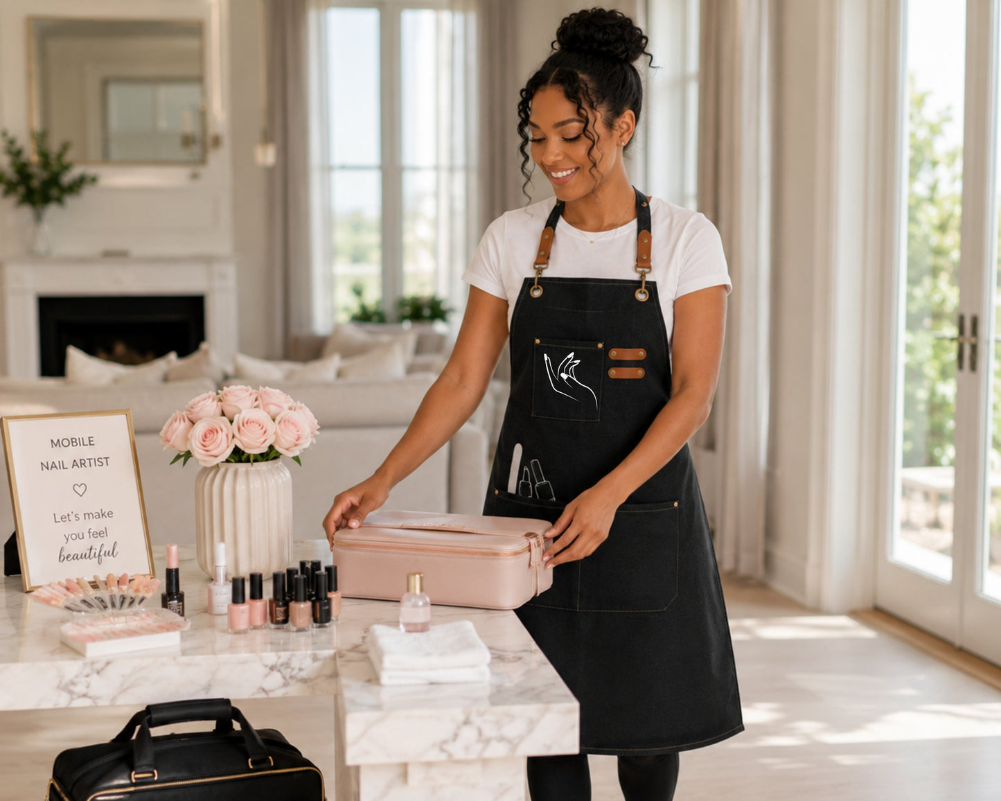 Woman wearing black multi-pocket apron in a professional salon with beauty products