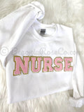 NURSE chenille patch sweatshirt flat lay showing patch texture and placement