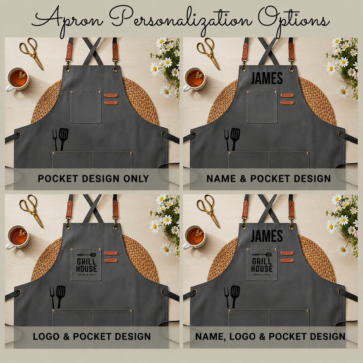 Graphic comparing BBQ apron personalization options for name and logo