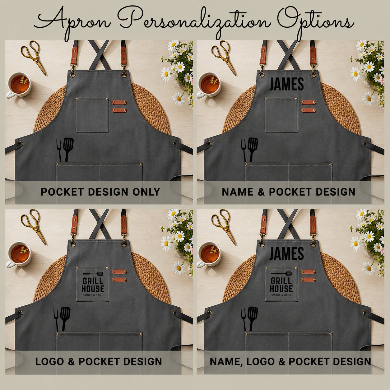 Graphic comparing BBQ apron personalization options for name and logo