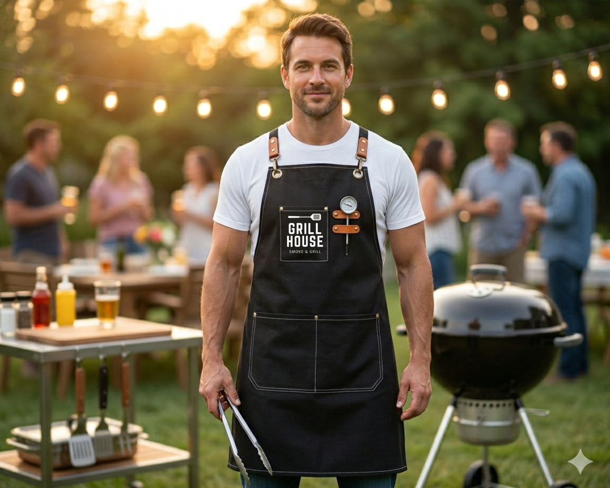 Man in a black grill house logo apron at an outdoor evening party