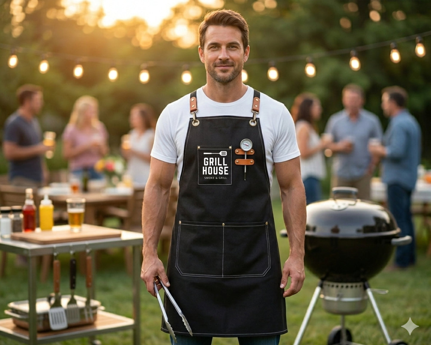 Man in a black grill house logo apron at an outdoor evening party