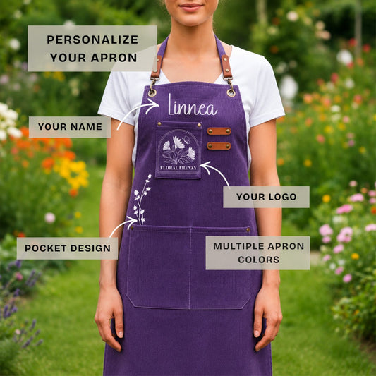 Personalized cotton canvas garden apron with tulip name embroidery