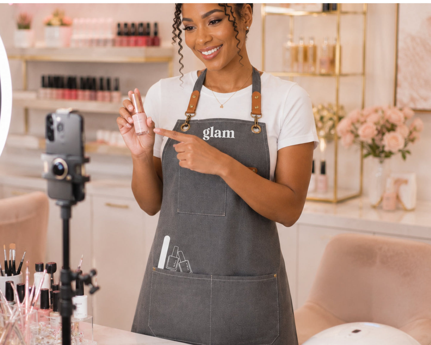 Nail artist in a gray glam apron filming a tutorial in her salon