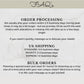 FAQ graphic with information about order processing, US shipping options, and bulk order details