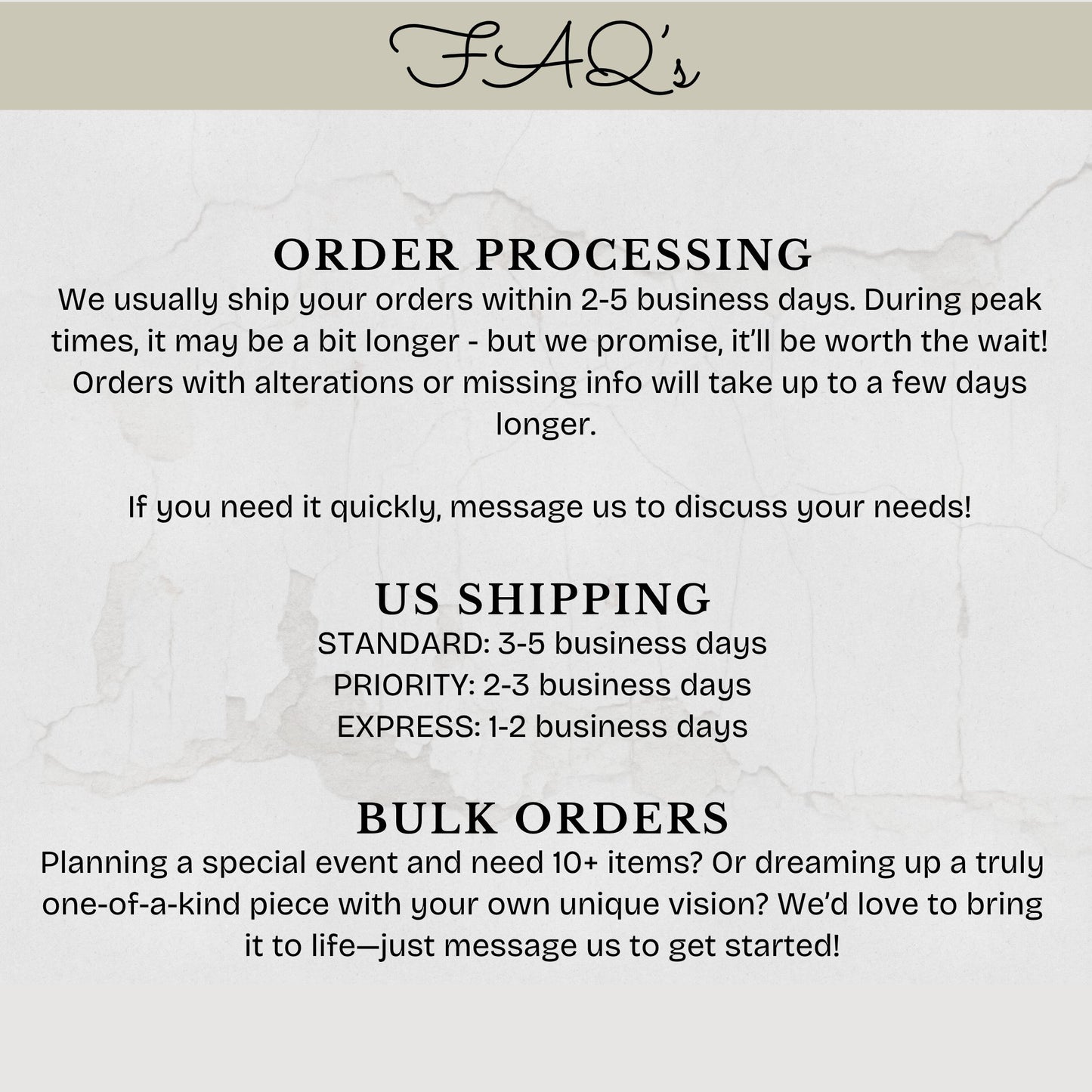 FAQ graphic with information about order processing, US shipping options, and bulk order details