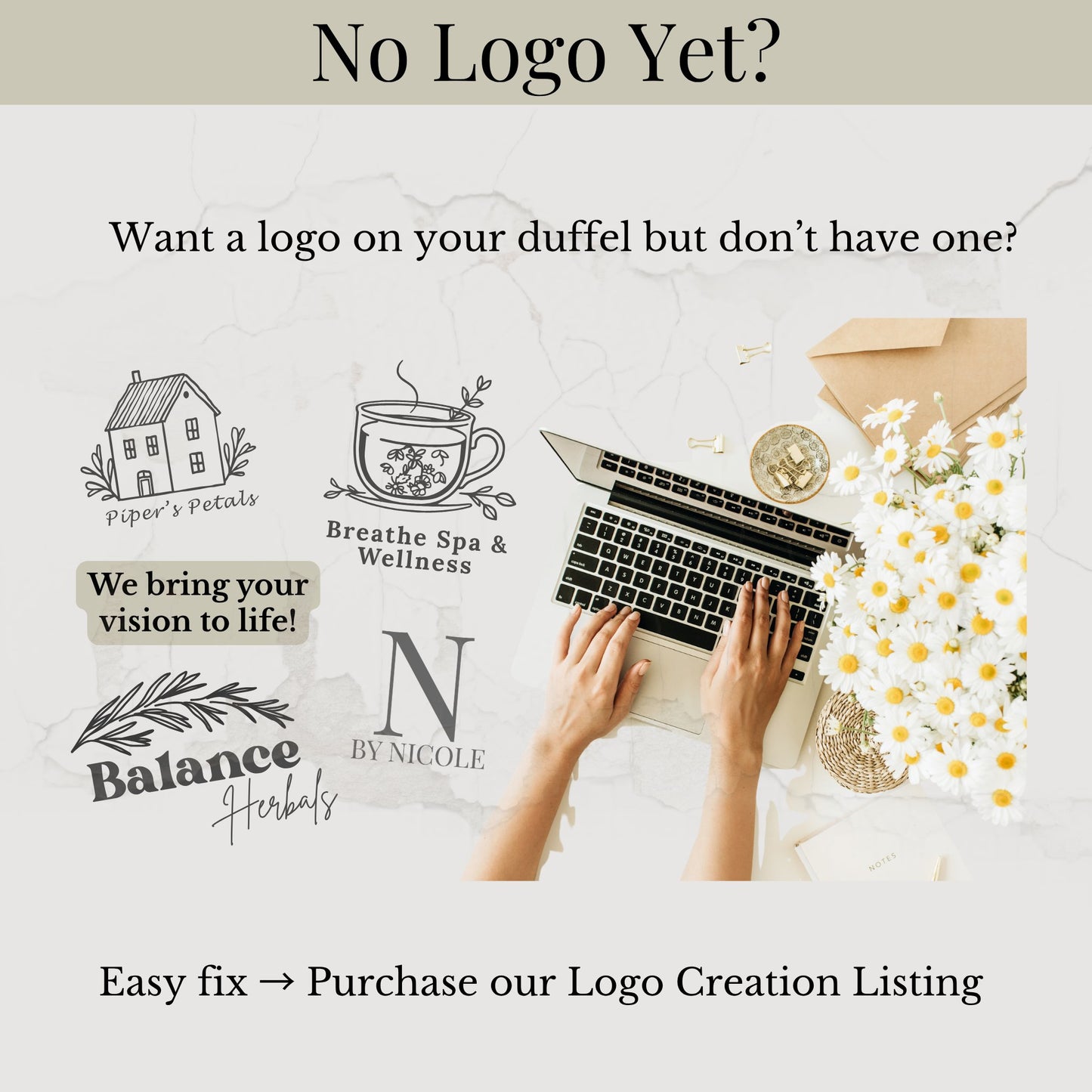 Graphic for logo creation service showing sample logos and invitation to purchase custom design