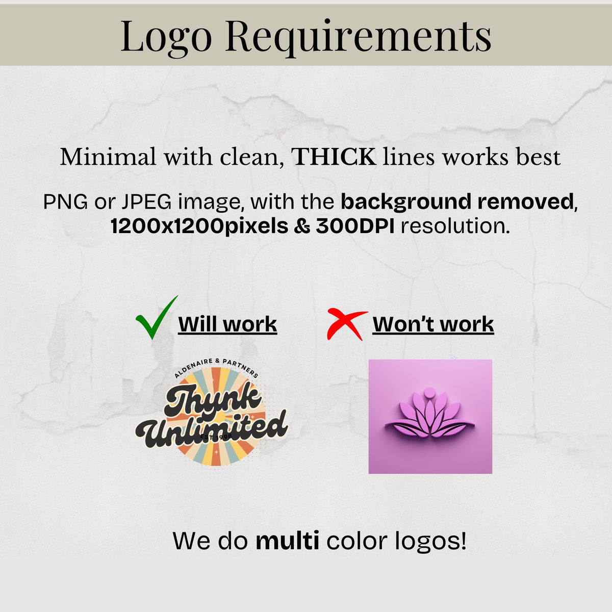 Logo requirements: simple thick-line design, PNG or JPEG with a transparent background, 1200x1200 pixels at 300 DPI