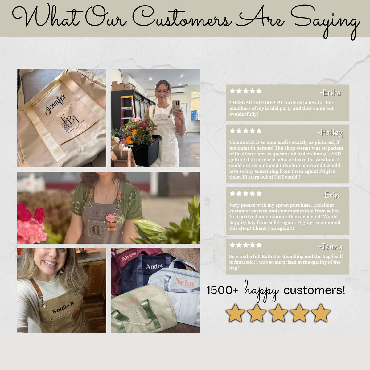 Customer reviews graphic displaying product photos with 5-star testimonials and 1500 happy customers