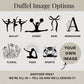 Graphic showing decorative design options: ballet, cheer, bow, monogram, floral, yoga, sports, and custom image