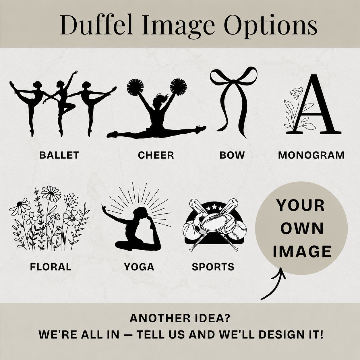 Graphic showing decorative design options: ballet, cheer, bow, monogram, floral, yoga, sports, and custom image