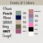 Swatch showing seven font styles and ten color options for customization