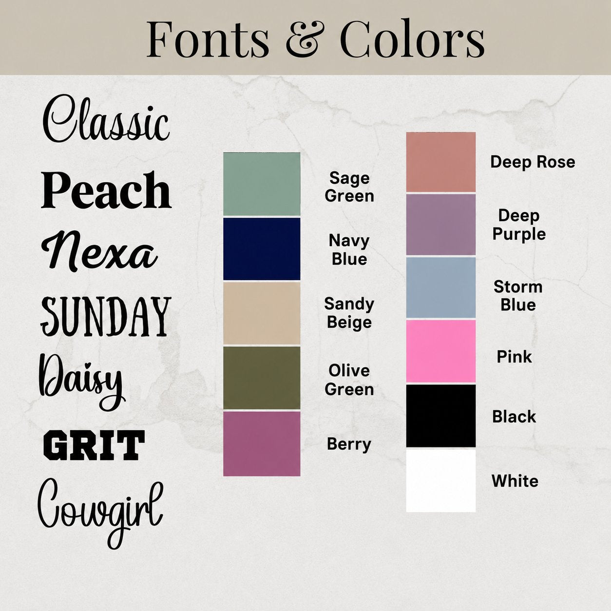 Swatch showing seven font styles and ten color options for customization