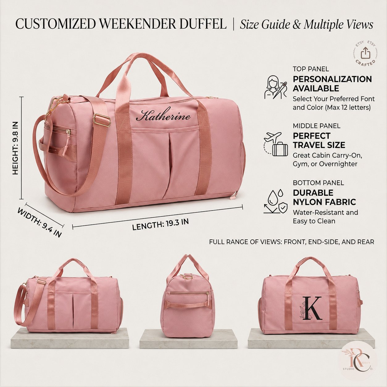 Weekender duffel size guide with length, depth and height measurements, feature callouts and several views
