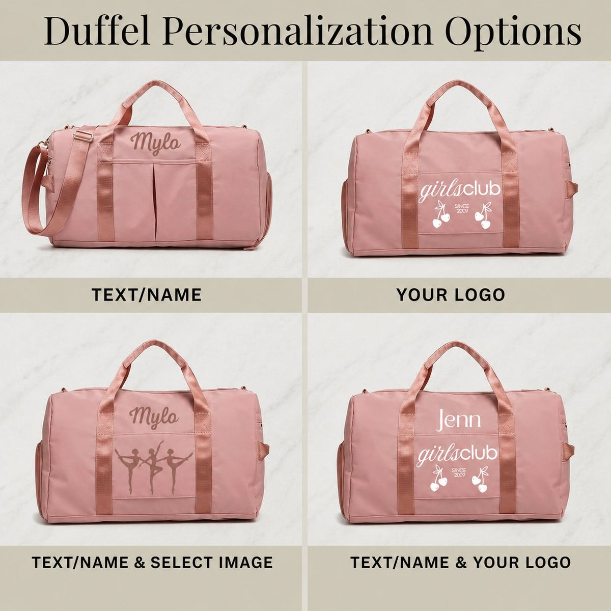 Graphic showing four pink weekender duffels with personalization options: text, logo, text with design, text with logo