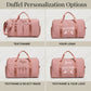 Graphic showing four pink weekender duffels with personalization options: text, logo, text with design, text with logo