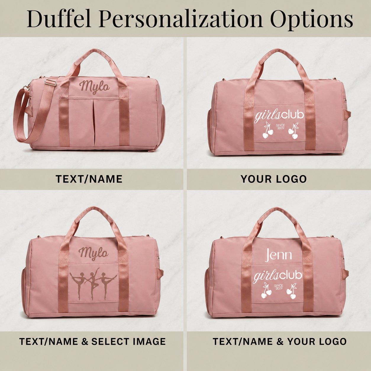 Graphic showing four pink weekender duffels with personalization options: text, logo, text with design, text with logo