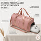 Pink weekender duffel with callout labels for large capacity, hardware, side compartment, and shoe compartment