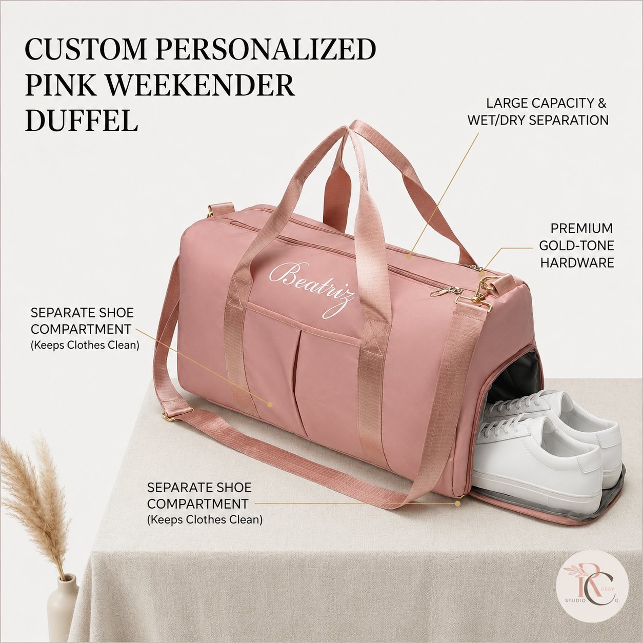 Pink weekender duffel with callout labels for large capacity, hardware, side compartment, and shoe compartment