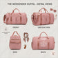 Graphic showing four views of pink weekender duffel: front, oblique side, side, and back
