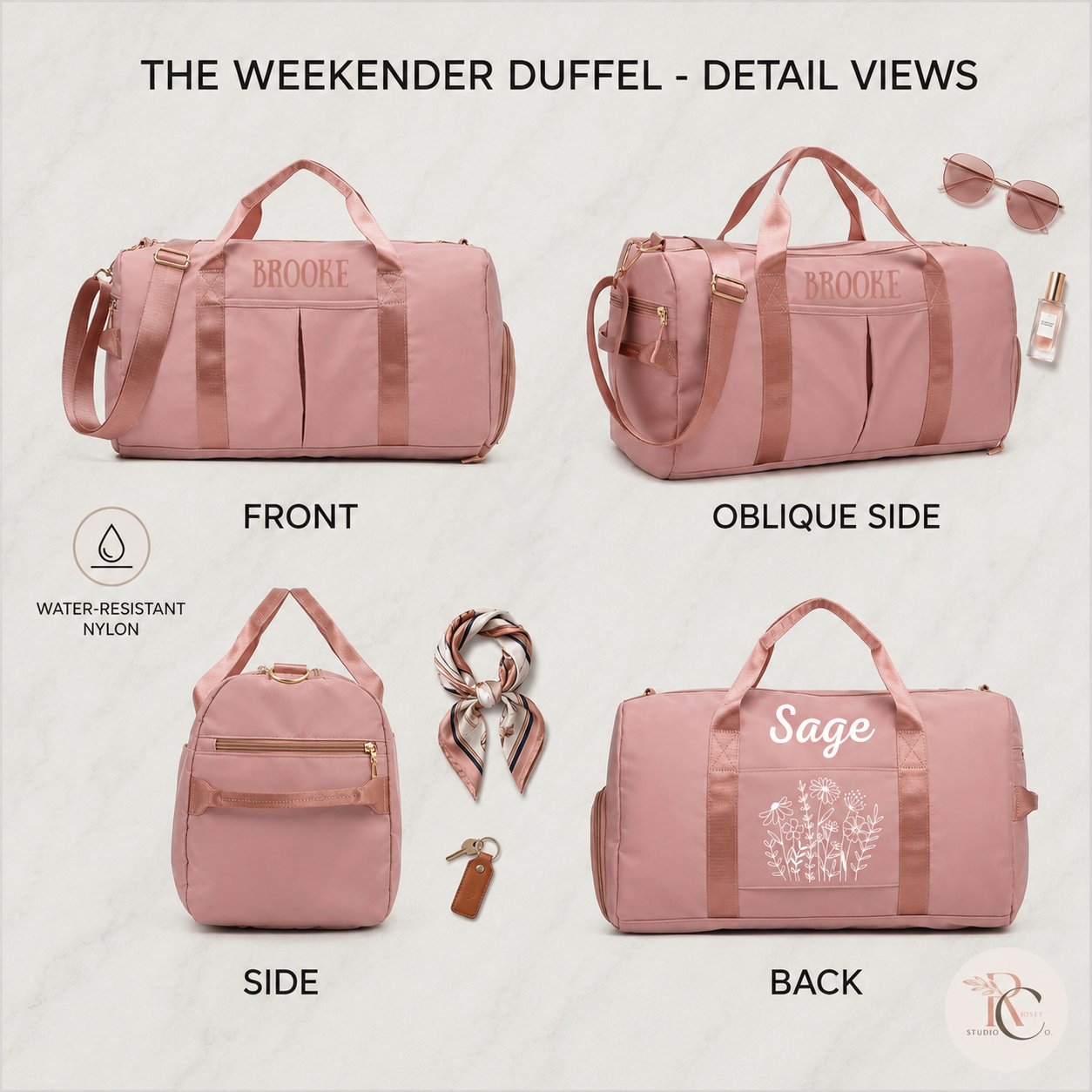 Graphic showing four views of pink weekender duffel: front, oblique side, side, and back