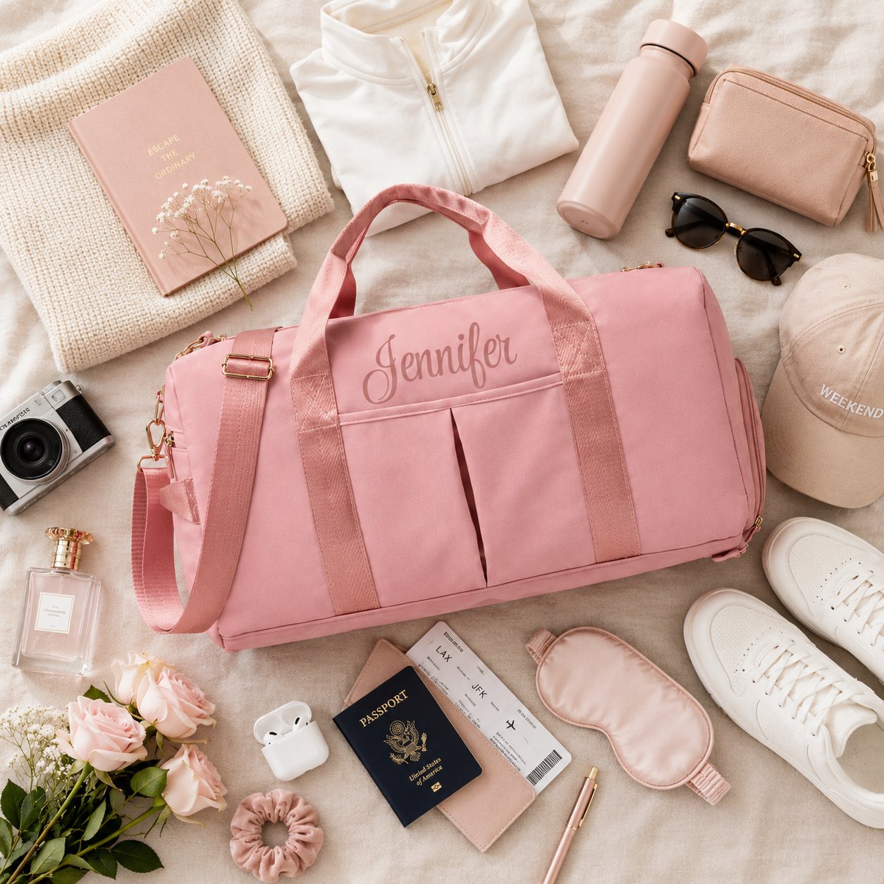 Pink duffel bag with a custom name surrounded by travel essentials