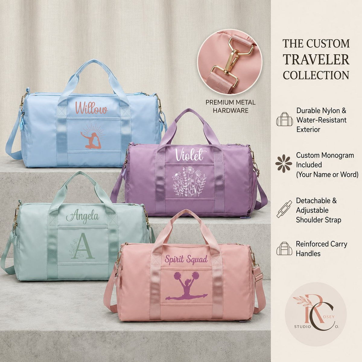 Four personalized weekender duffels in blue, mint, purple and pink with feature descriptions