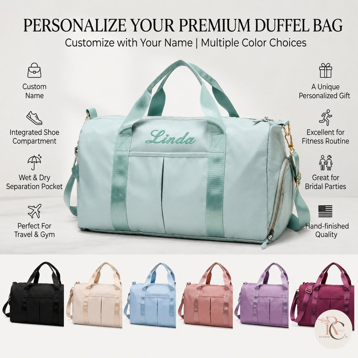 Mint green personalized weekender duffel with feature callouts and 6 color swatches