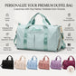 Mint green personalized weekender duffel with feature callouts and 6 color swatches