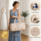 Woman holding cream weekender duffel with feature callouts: large capacity, shoe pocket, waterproofing