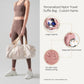 Product graphic showing cream weekender duffel with personalization features labeled