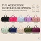 Weekender duffel shown in ten color options, from black and hot pink to navy, olive green and burgundy